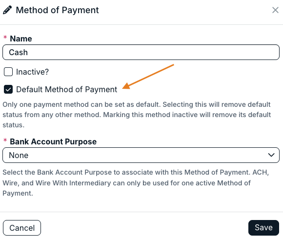 default method of payment box