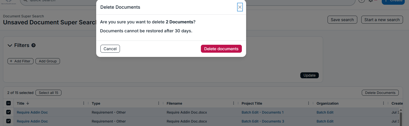 delete documents modal