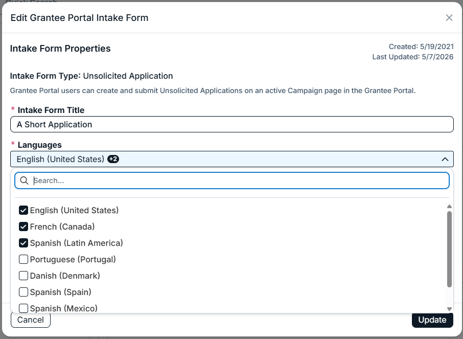 edit grantee portal intake form modal