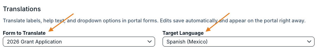 form to translate and target language dropdowns