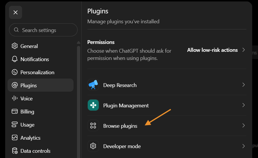 browse plugins option