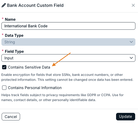 contains sensitive data checkbox