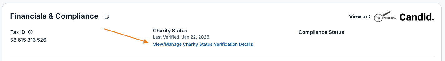 view/manage charity status verification details link