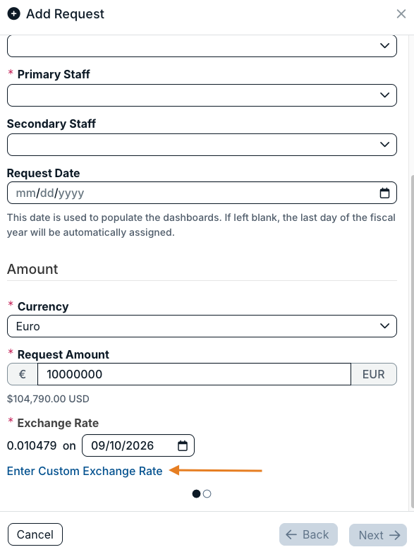 enter custom exchange rate option