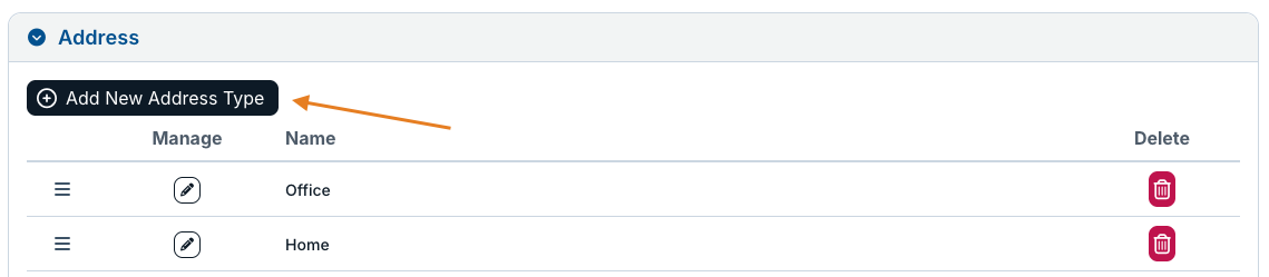 add new address type button