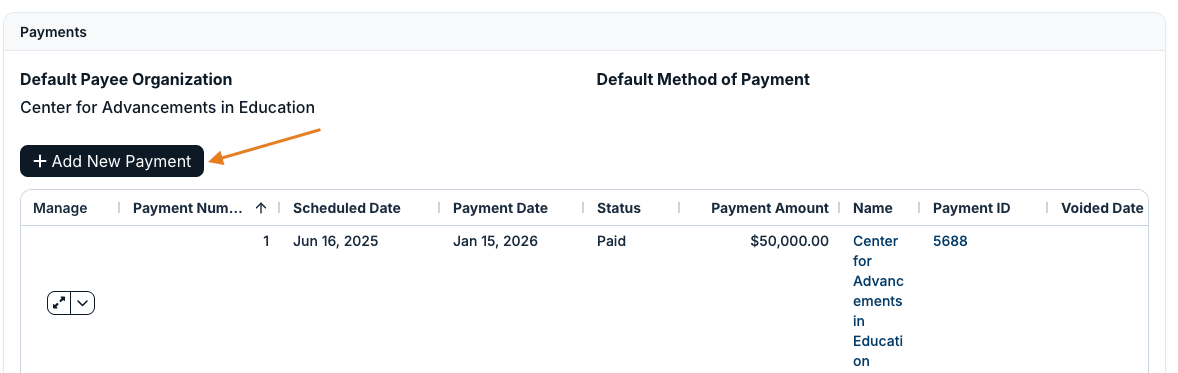 add new payment button