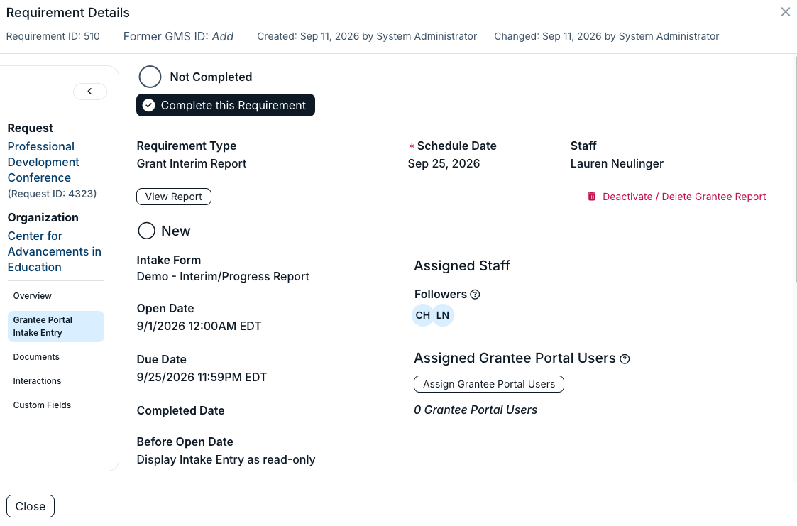 grantee portal intake entry tab