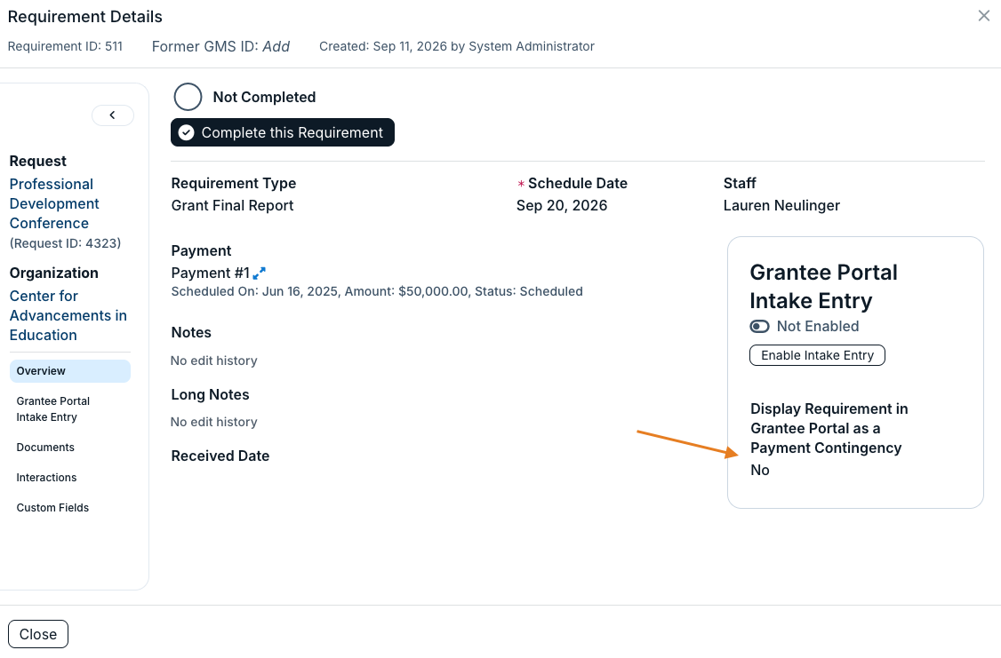 display requirement in grantee portal as a payment contingency field