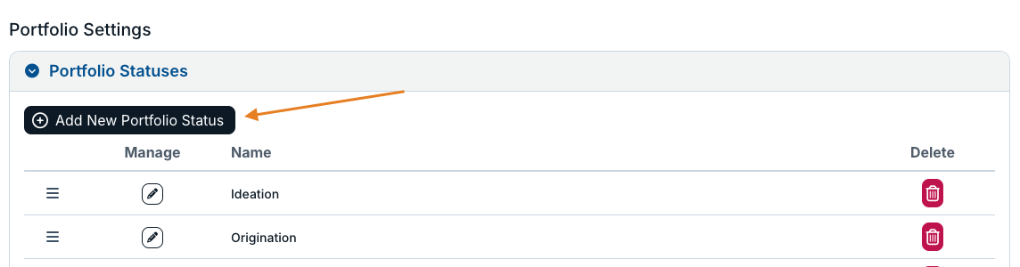 add new portfolio status button