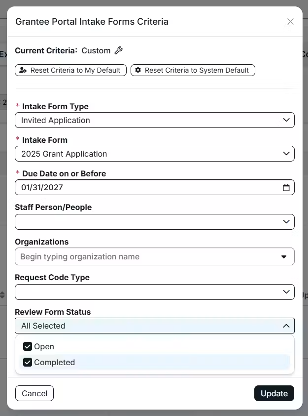 criteria modal