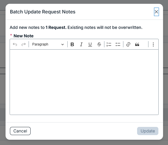 batch update request notes modal