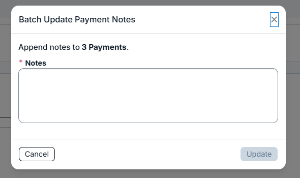 batch update payment notes modal