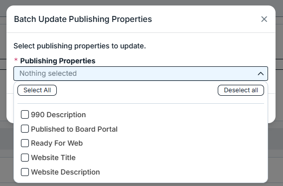 batch update publishing properties modal