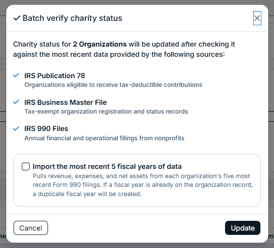 batch verify charity status modal