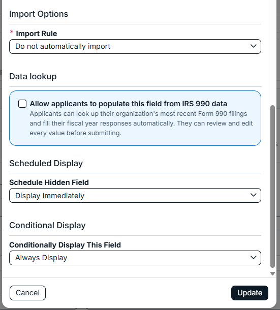 import options modal